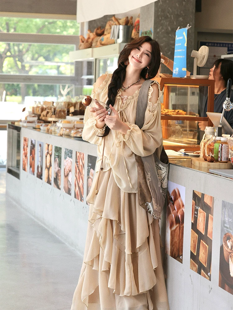 

Gentle Wind Soft Chiffon irt Milk Apricot Strapl Long Sve Cover up Sexy French Sle Loose Fit Bal Polyester Fiber