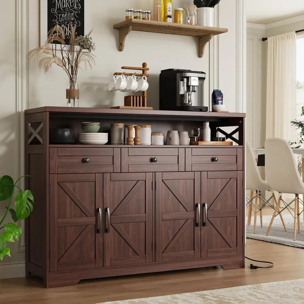 

Dark Brown Buffet Sideboard Cabinet, Farmhouse Storage Cabinet Kitchen Pantry with Shelf and Drawers, Wood Cupboard Hutch Cabin
