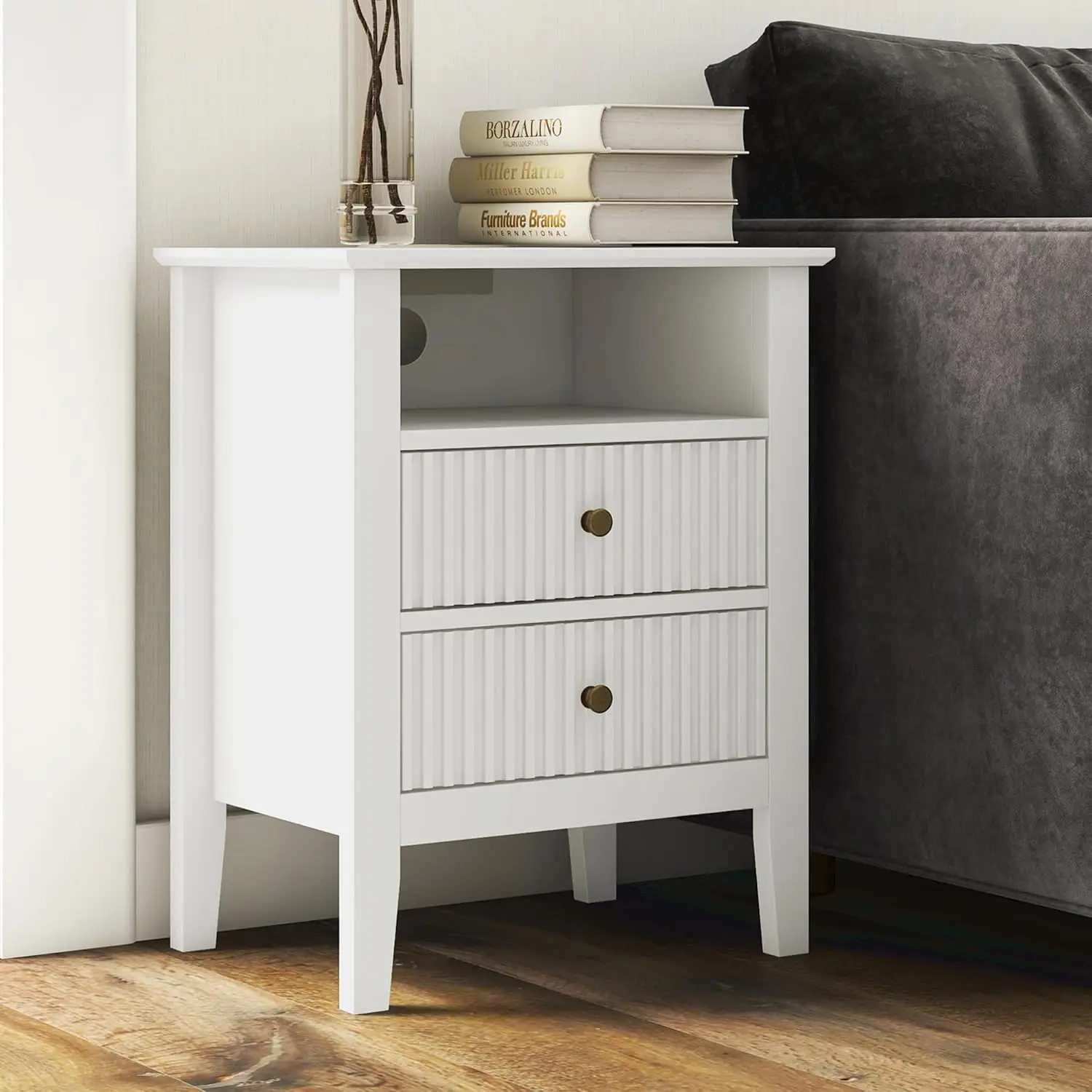 White Nightstand with Charging Station, Fluted Night Stand for Bedroom, Small Sofa Table with 2 Storage Drawers , Customized