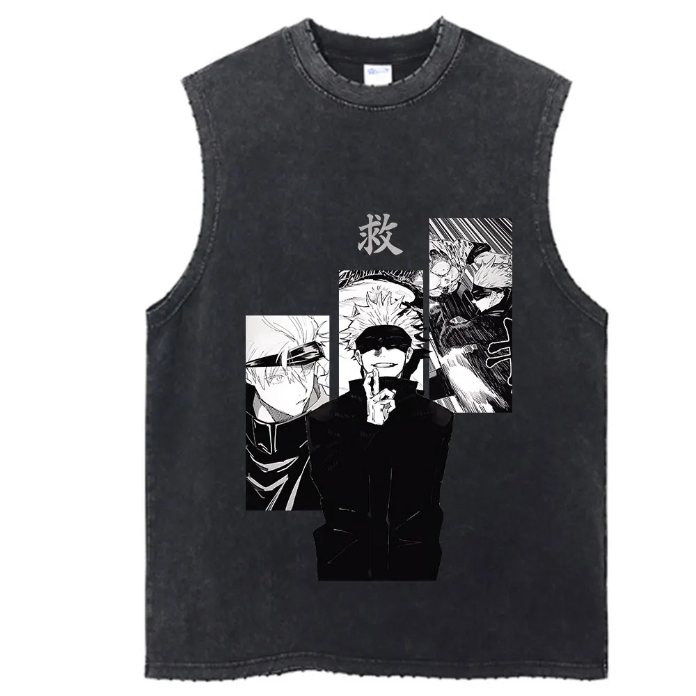 Vintage Cotton Black Summer Wash Vest Anime Print Washed Tank Top Harajuku Hip Hop Streetwear Unisex Tops