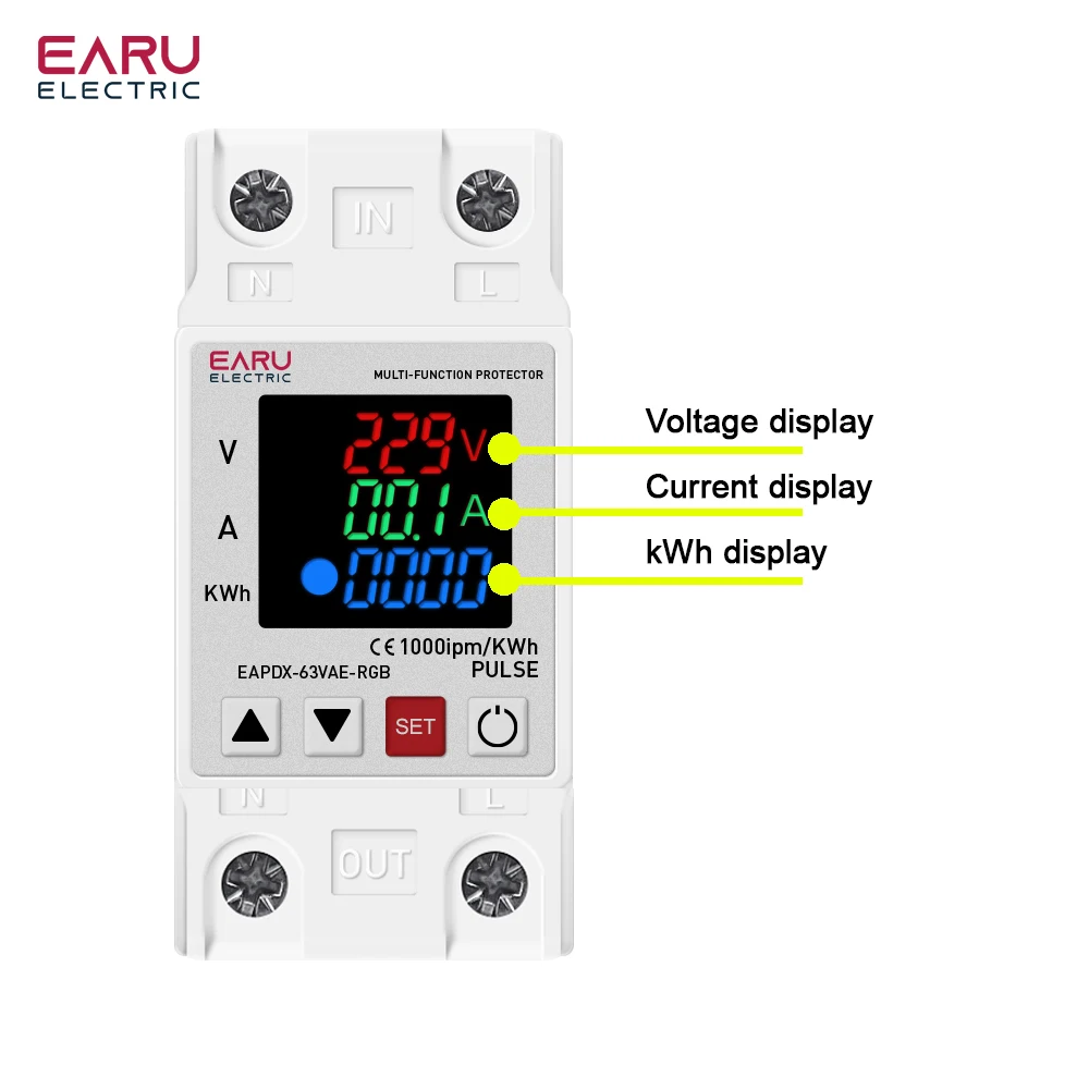 63A 230V 3IN1 Display Din Rail Adjustable Over Voltage Current Under Voltage Protective Device Protector Relay 220V KWH Red Blue