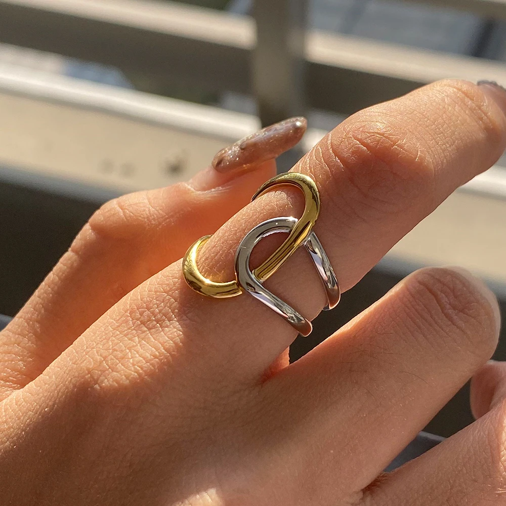 

Gold Silver Color Matching Smooth Irregular Winding Open Ring 18K PVD Plated Women Anti Allergic Metal Charm Daily Jewelry