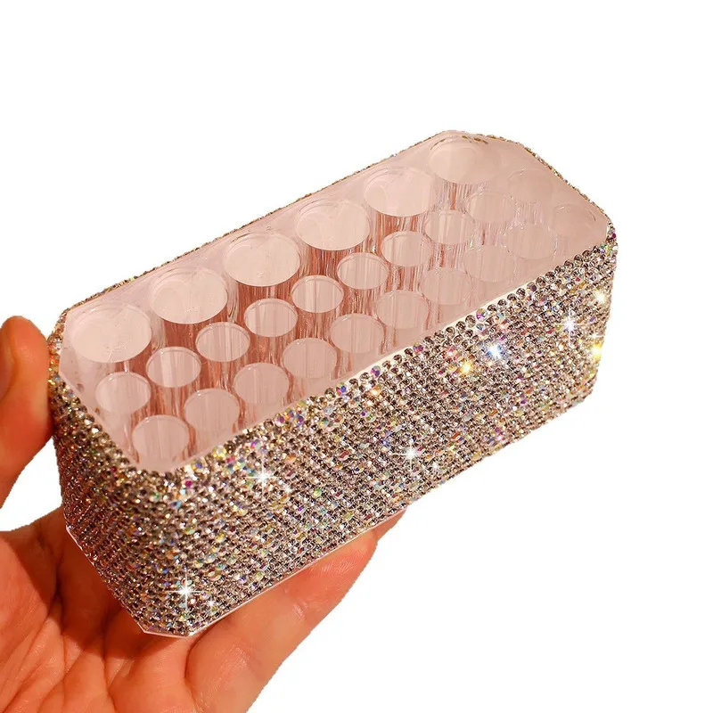 Caja con incrustaciones de diamantes de lujo, estante de colocación de lápiz de cejas, pincel cosmético poroso, lápiz delineador de ojos, almacenamiento de marca de moda de lujo