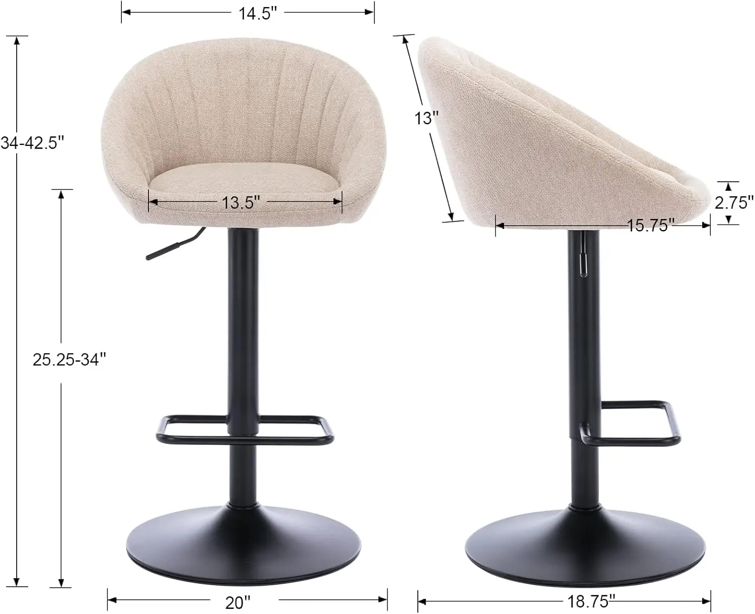 CIMOTA Draaibare verstelbare barkrukken set van 2 moderne tegenkrukken barstoelen met rugleuning voor eetkamer/keukeneiland/thuisbar,