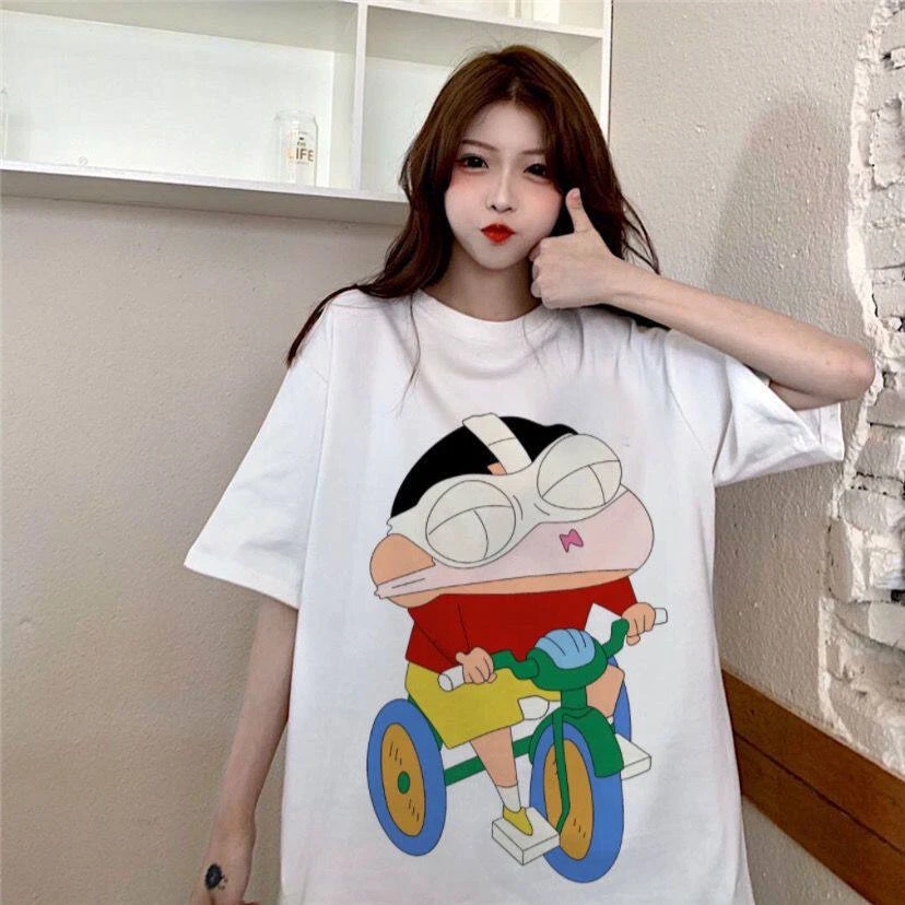 Crayon Shin Chan Womens Bike Print Casual T Shirt Cute Anime Short Sleeve Tee Streetwear Daily Wear