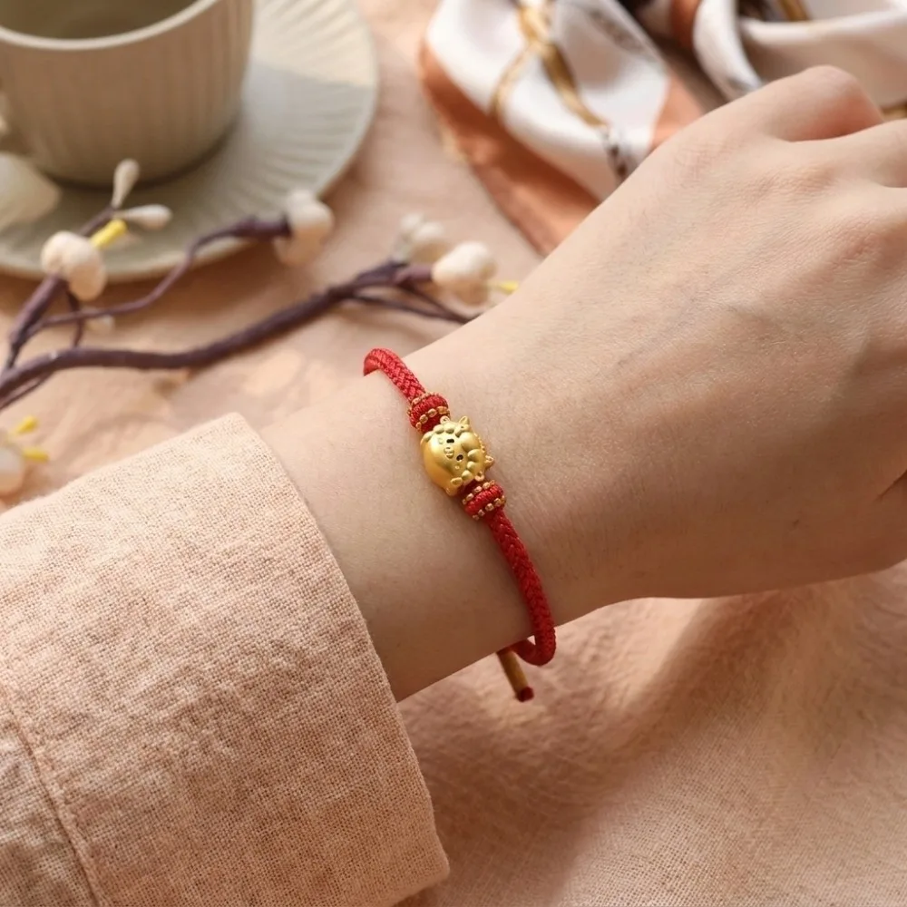 Boho Braided Zodiac Goat Bracelet Adjustable Gold Plated Red String Hand Chain Lightweight Sliding Lucky Bracelet Holiday