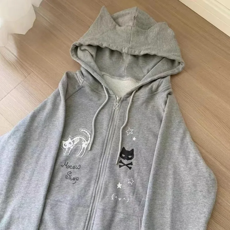 Kawaii meninas orelhas de gato preto jaquetas com capuz rua menina subcultura japonesa streetwear coreano bonito zip up moletom com capuz
