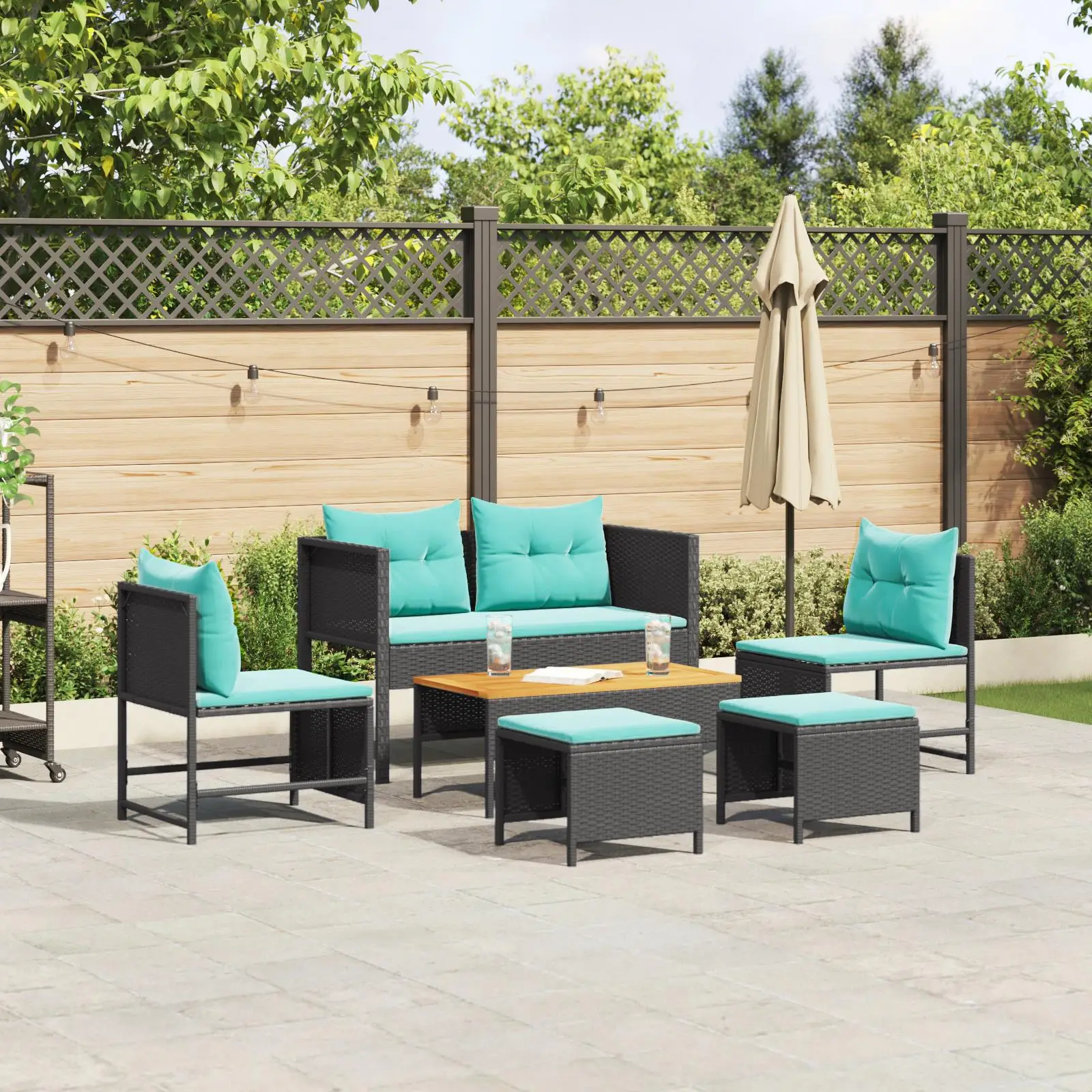 

Elegant Black and Turquoise Rattan Outdoor Furniture Set with Large Polyester Cushions for Garden Patio and Balcony