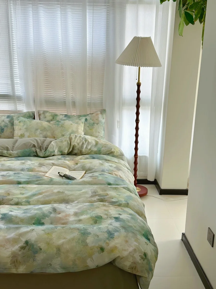 

Комплект постельного белья из утолщенного хлопкового фланеля Mint Garden: согревающий, гипоаллергенный, в простом стиле, зеленый, для осени и зимы, для дома и отелей