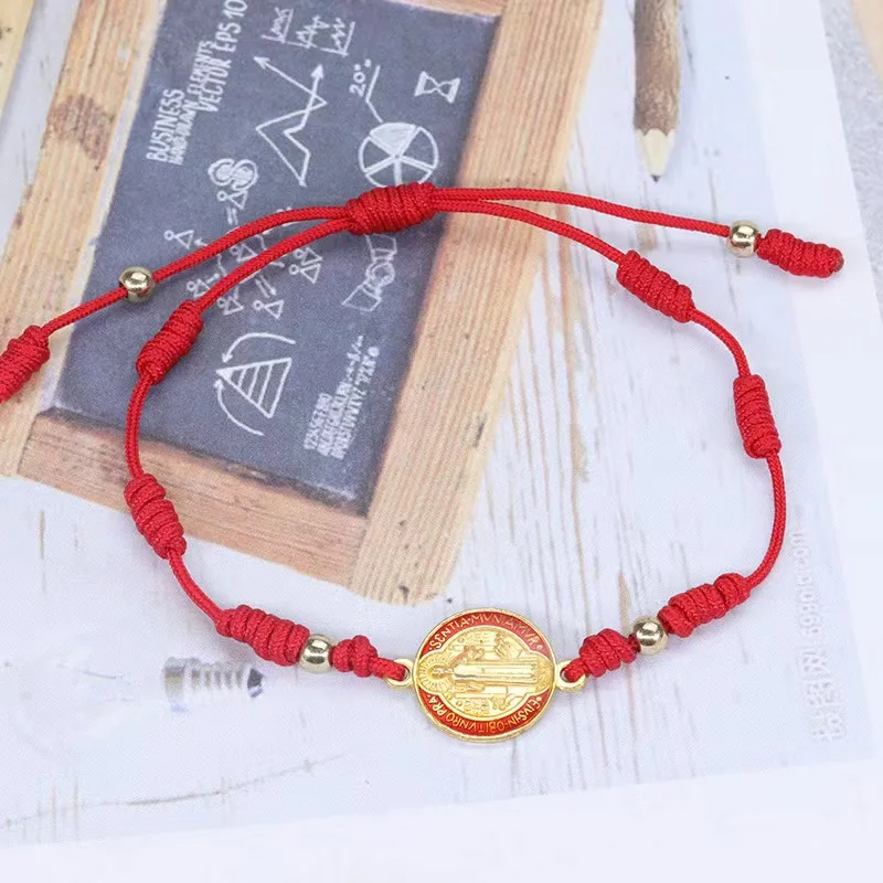 Juego de pulsera redonda de la suerte para hombres y mujeres, cuerda roja de 6 nudos, brazalete ajustable de oración, san Benito, aceite de goteo rojo, 1 pieza