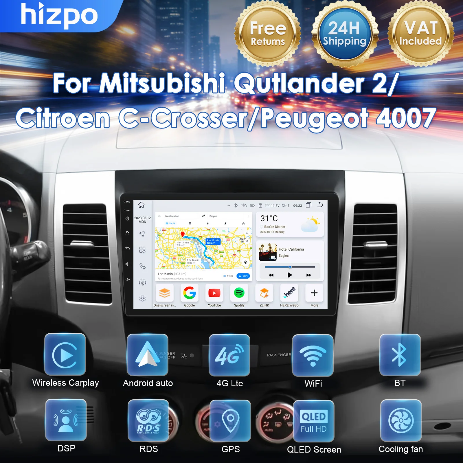 Hizpo 2 Din Android 14 per Mitsubishi Outlander 2 2005-2012 Autoradio Lettore Multimediale Carplay Android Auto GPS Telecamera 360° DSP WiFi