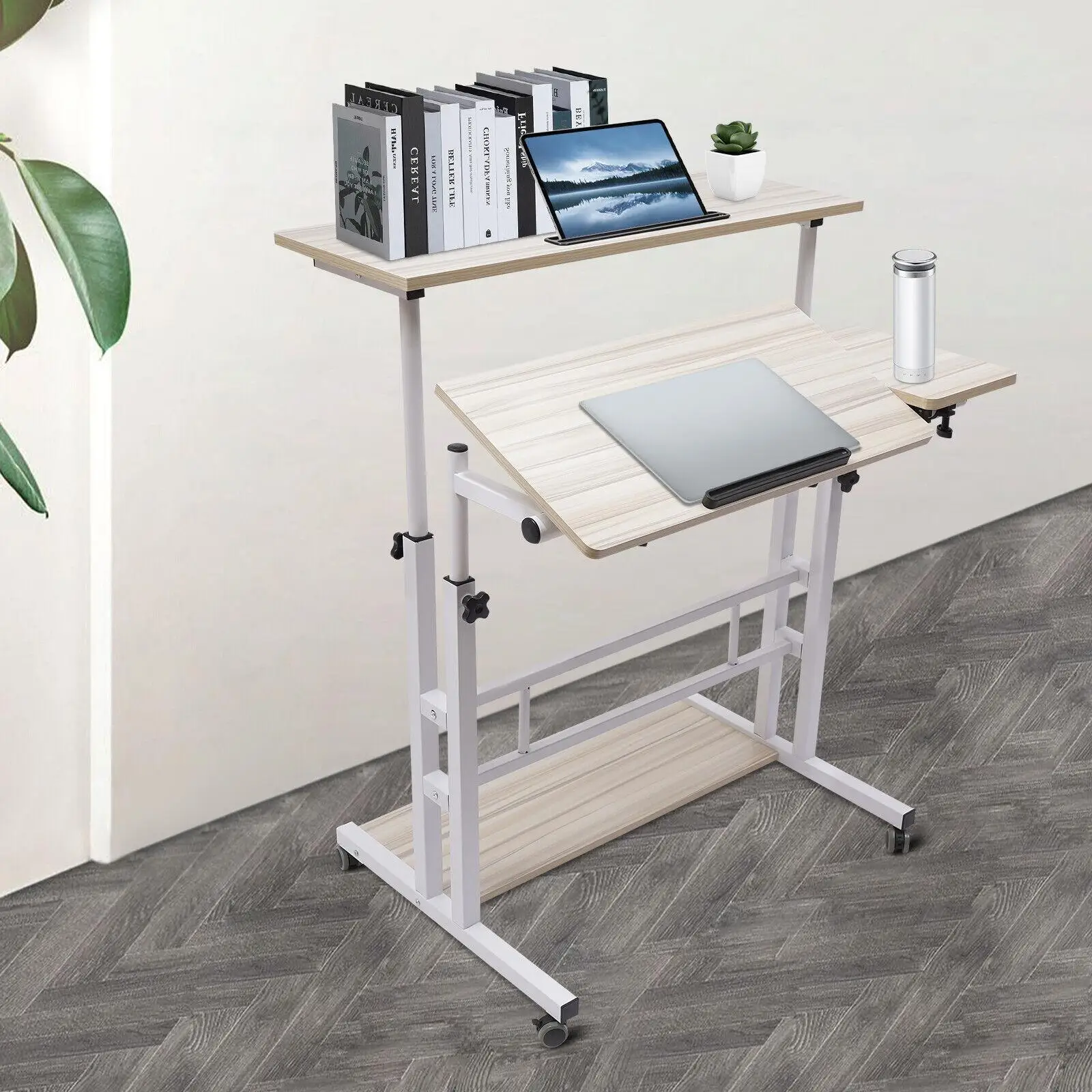 Mobile Stand Up Desk Adjustable Laptop Desk With Wheels Home Office Computer Table-White