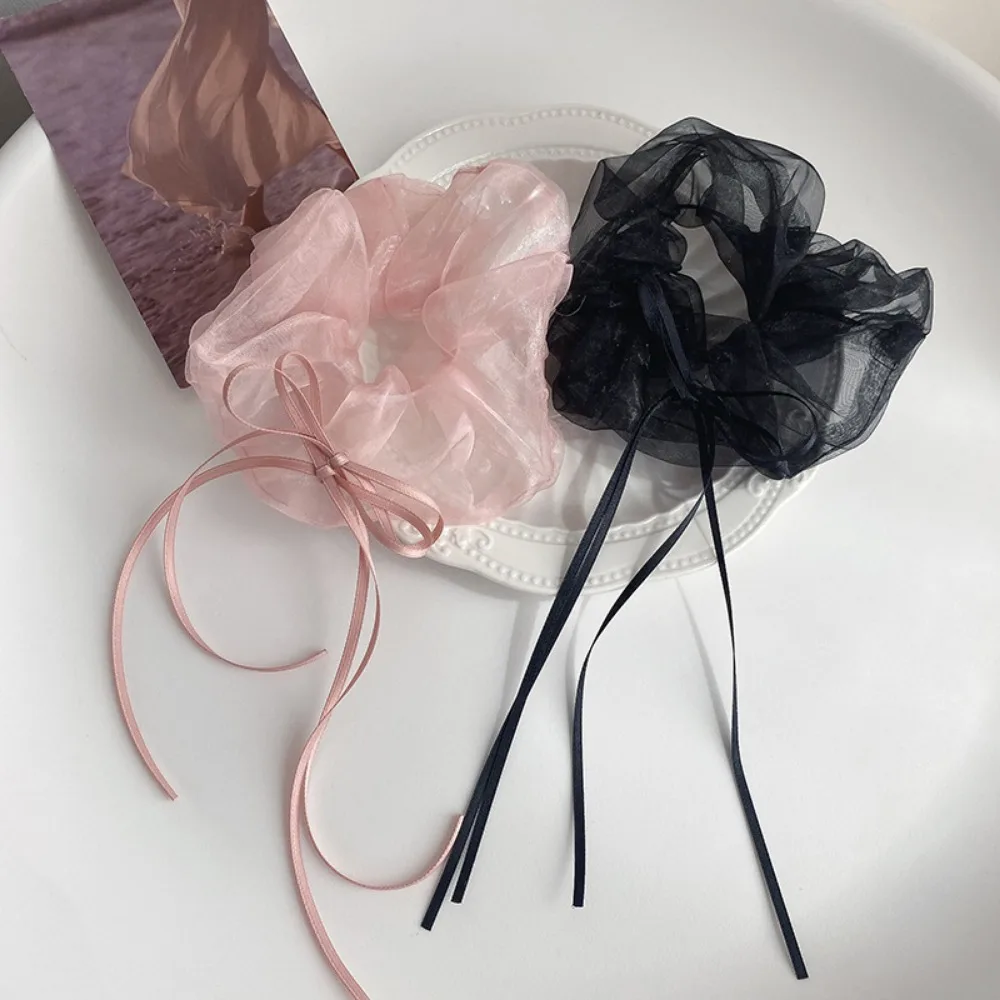 Feestruches Ontwerp Organza Haarcirkels Wasbaar Elastisch Lang lint Strik Scrunchies Zacht Romantisch Haarelastiekjes Dagelijks