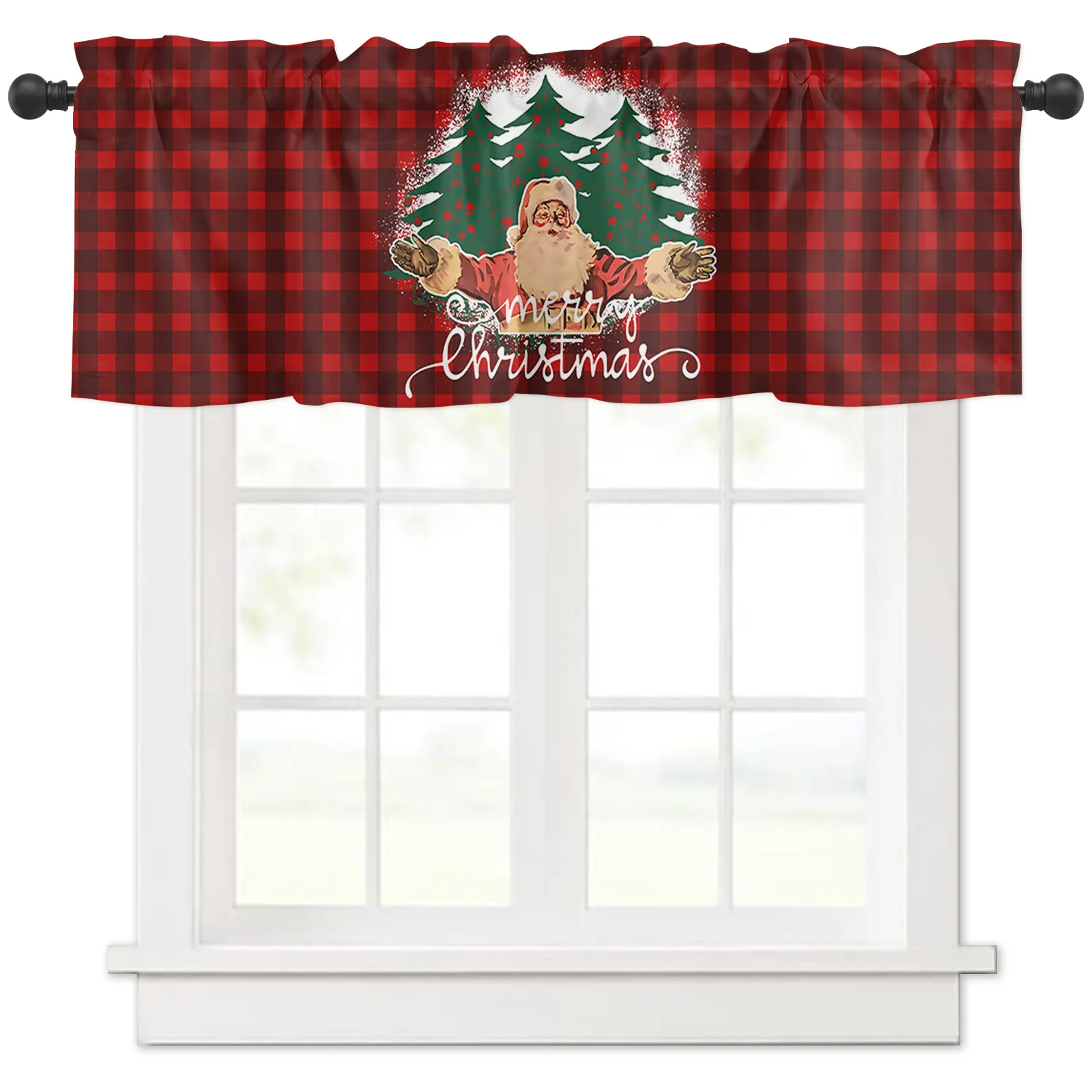 

Christmas Curtain Kitchen Valances for Windows,Red Christmas Snowman Xmas Santa Farmhouse Valance Window Treatments for Kitchen