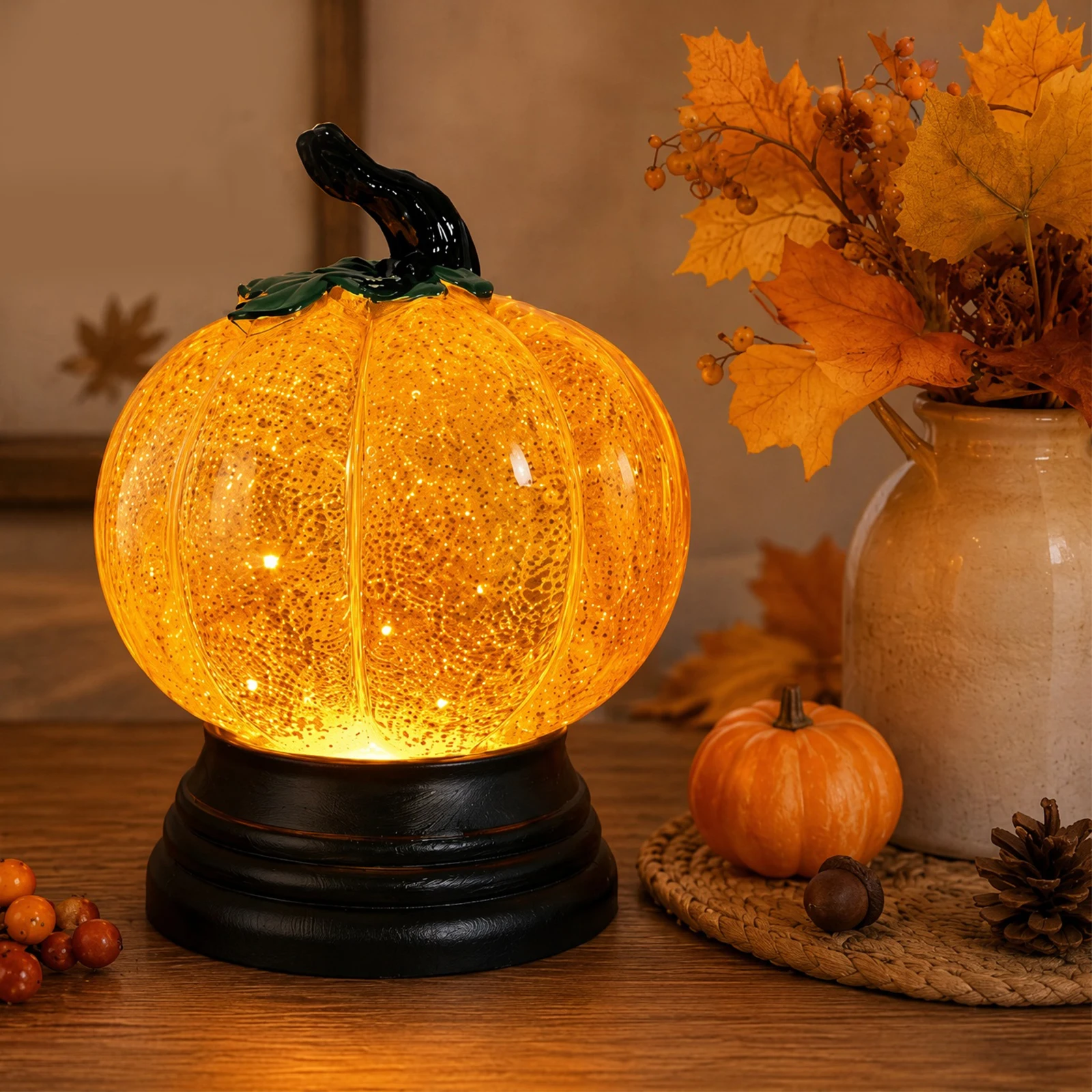 Halloween Tabletop Snow Globe Pumpkin Glitter Flakes Warm LED Lighted Resin Figurine Fall Autumn Decor