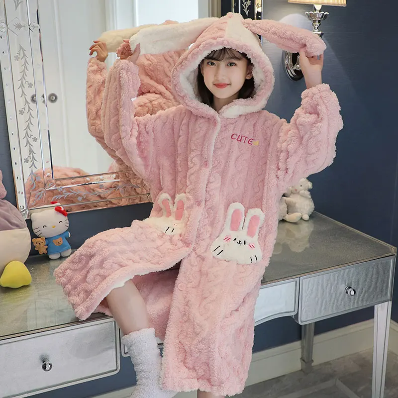 Hello Kitty Miniso Coral fleece nachtjapon kinderen herfst winter dikke pyjama met capuchon babybadjas moeder en dochter flanel