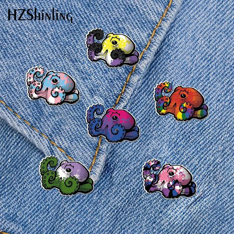 2023 New Pride Octopus Acrylic Lapel Pin Rainbow Octopus Epoxy Butterfly Clasp Pin Handmade Butterfly Brooch