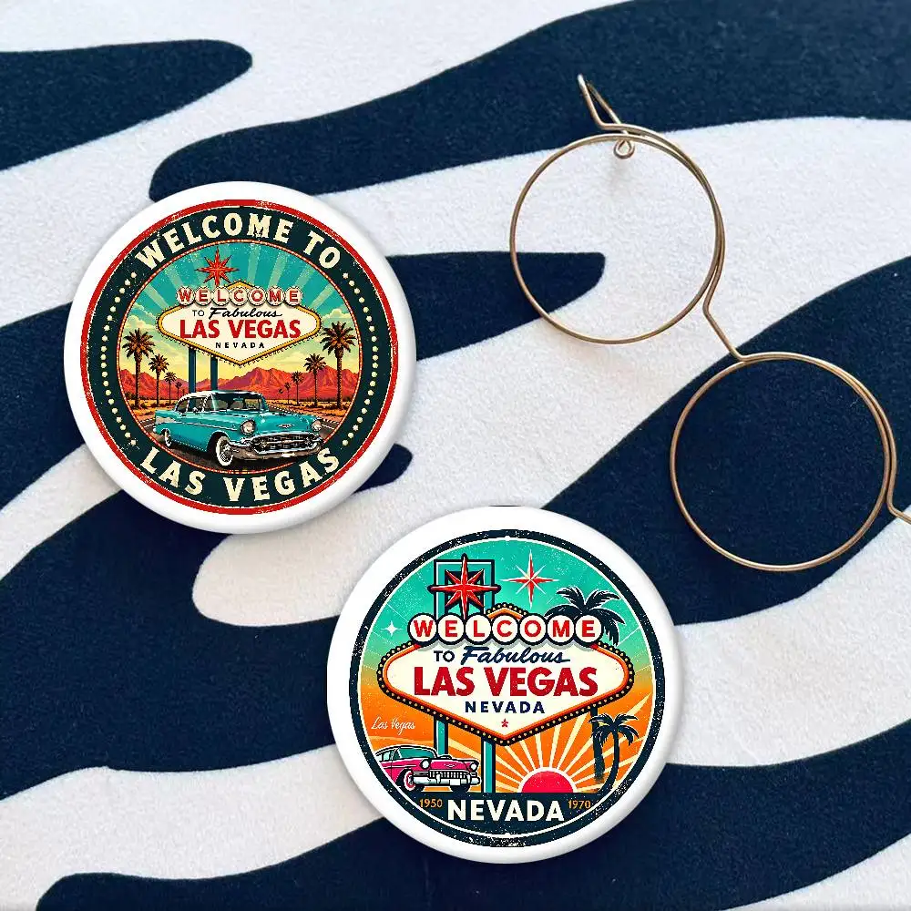Retro Las Vegas Sunset Badges Tinplate Soft Button Pin Brooch Metal Badge Custom Jewelry Accessories Hat Bag Lapel