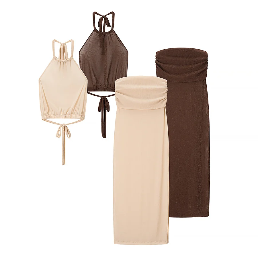 

Topenomi Sexy Matching Sets Women Summer Fashion Halter Tied Backless Vest Slim Fit Hip Long Skirt Vacation Style Party Suits
