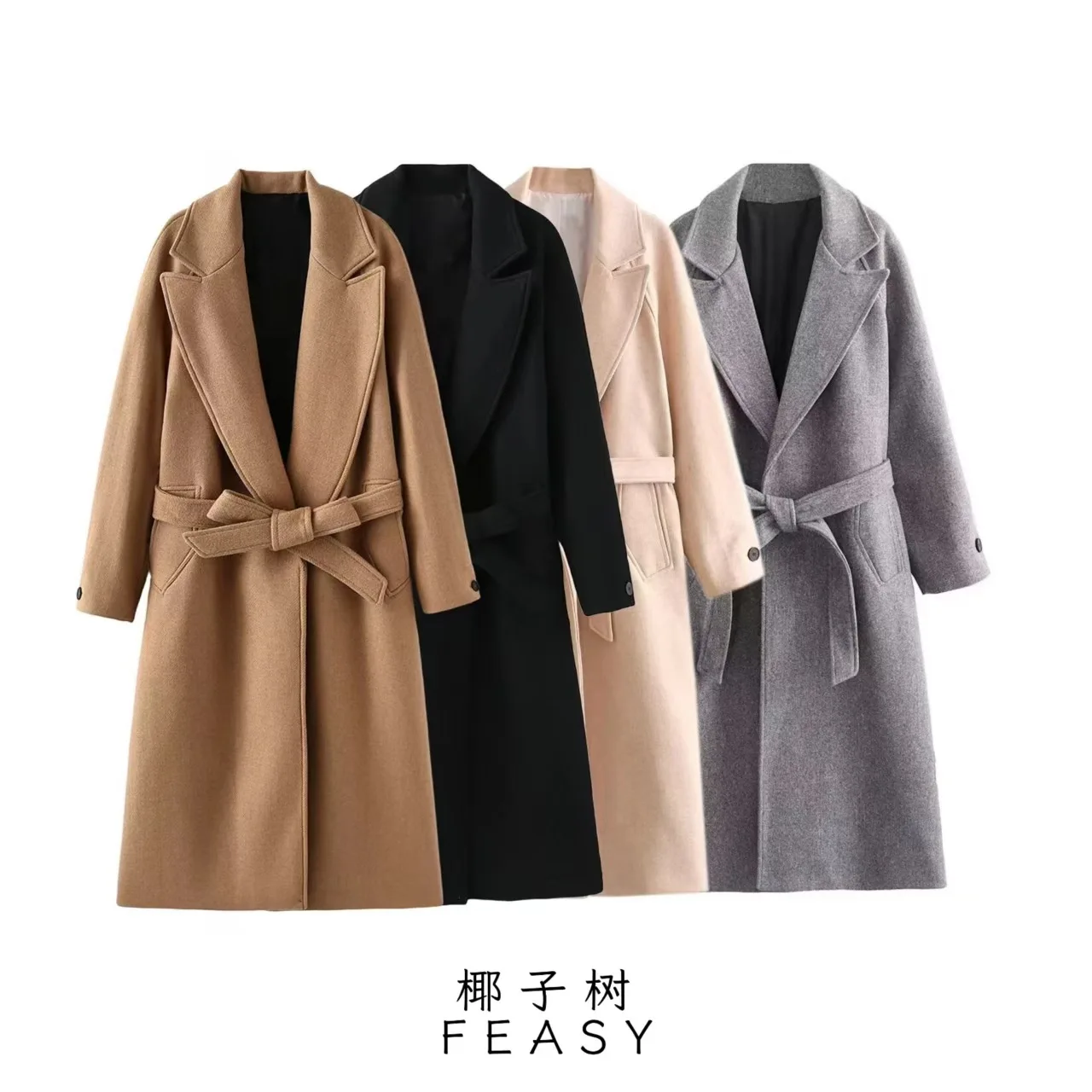 

Женское длинное шерстяное пальто, осенне-зимняя уличная мода с поясом, одежда в европейском и американском стиле