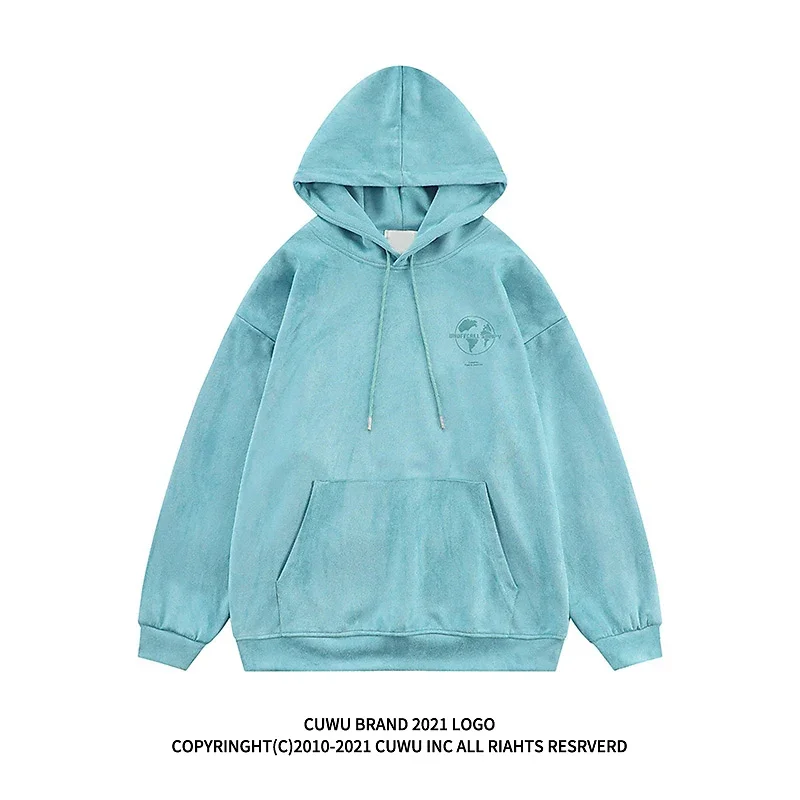 Retro Heavy Lake Blue Hooded Fleece Lined Sweater Women's Autumn and Winter New All-Matchloose Coat