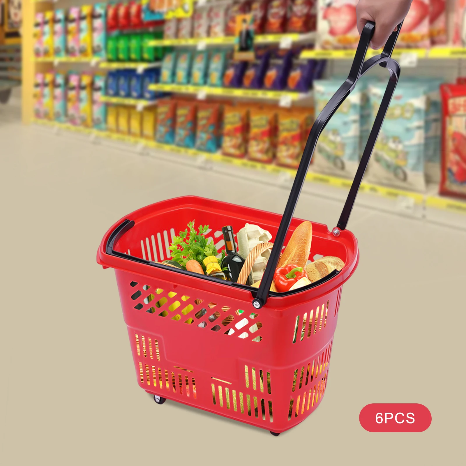 35L 6PCS Shopping Carts with Wheels and Handle, Red Shopping Basket Plastic Rolling Shopping Basket, Portable Shopping Basket