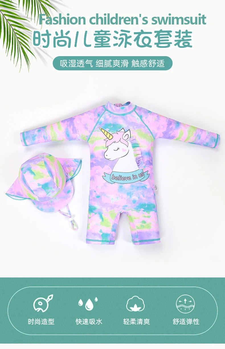 Long Sleeve Cartoon New Small Medium And Large Children's Unicorn Girl Swimsuit Quick Drying Children's Body Bathing Suit