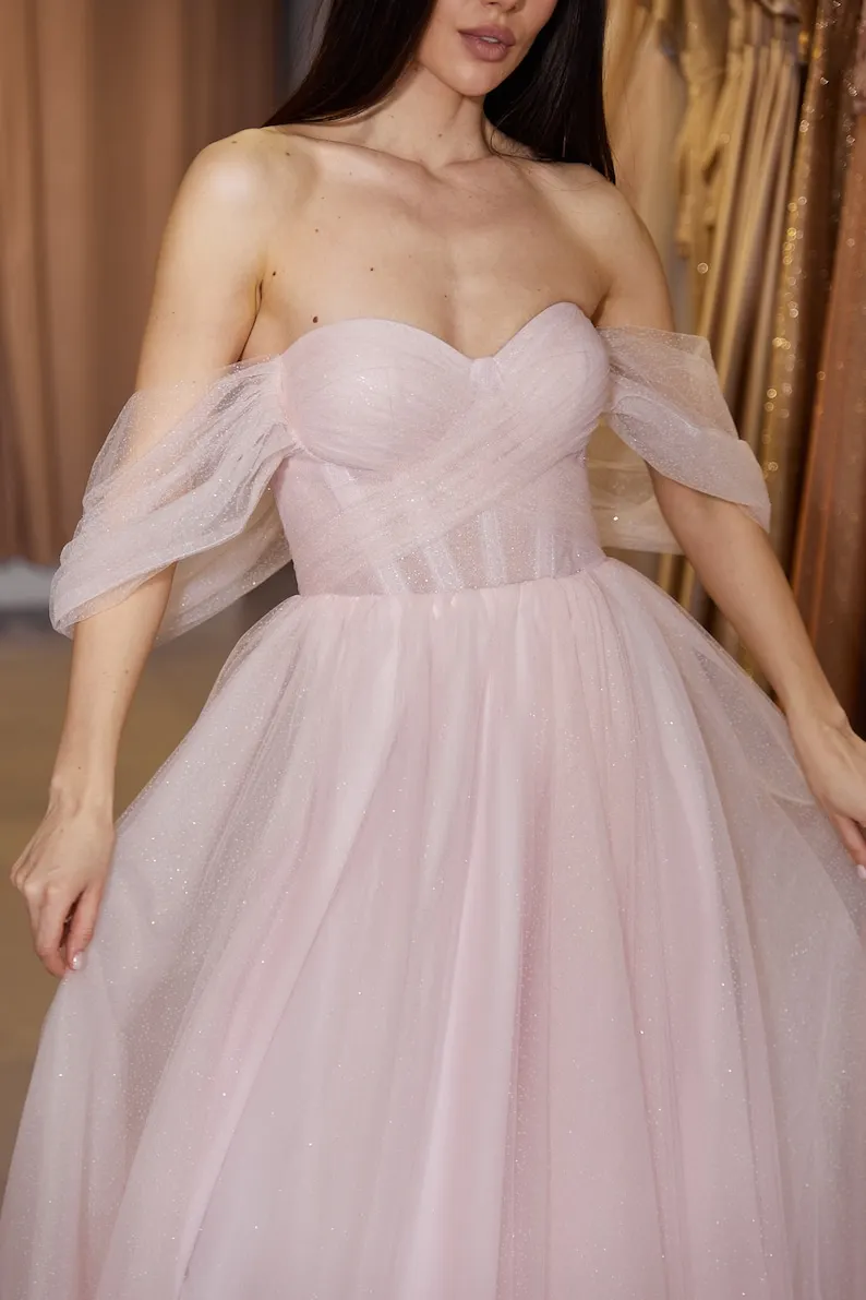 

Pink Tulle Prom Dress Lace-Up Corset Detachable Sleeves Formal Dress Women Elegant Evening Party Elegant Dress Women for Wedding
