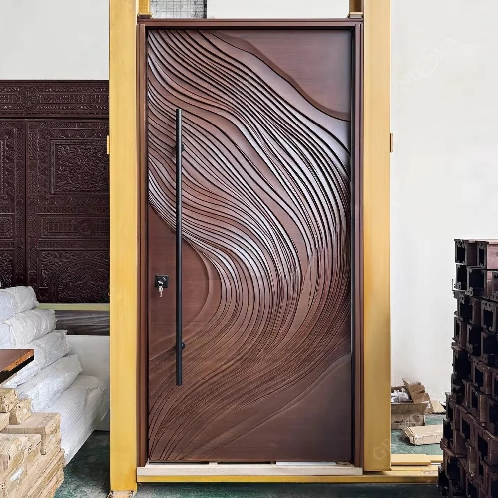 China Custom New Design Walnut Solid Wood 3d Carving Doors External Wooden Pivot Main Door for House Modern Front Entry Doors