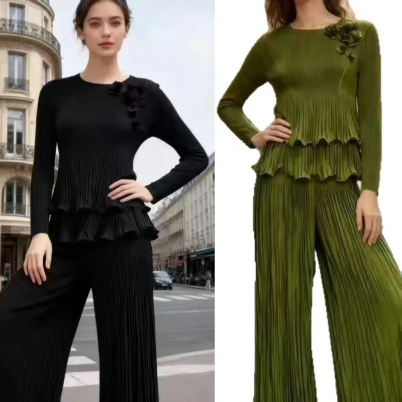 Miyake geplooid broekpak plus size set 2025 herfst nieuwe plisse mode volant top en wijde pijpen broek dames vouw 2-delige set