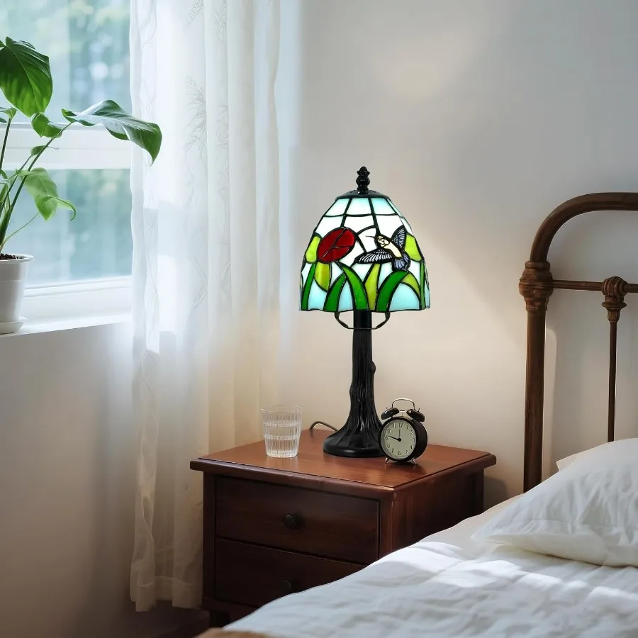 تيفاني نمط الجدول مصباح 6 بوصة مصابيح طاولة من الزجاج الملون مع الطائر الطنان زهرة خمر تصميم صغير LED مكتب ضوء ليفين #2