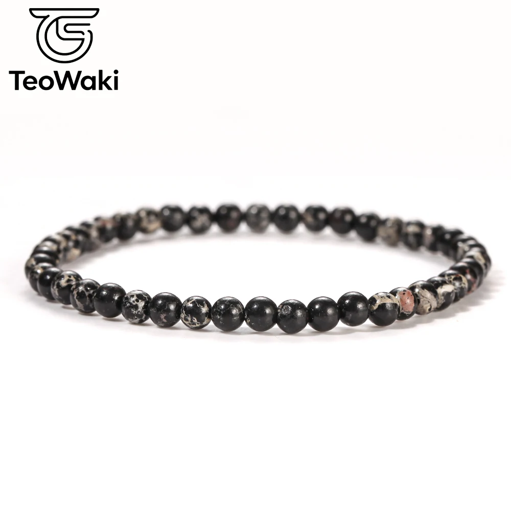 TeoWaki Natural Stone Bounce Bracelet Black Sea Sediment Jasper Bracelets for Women Men Elastic Rope Bangle Daily Jewelry 19cm