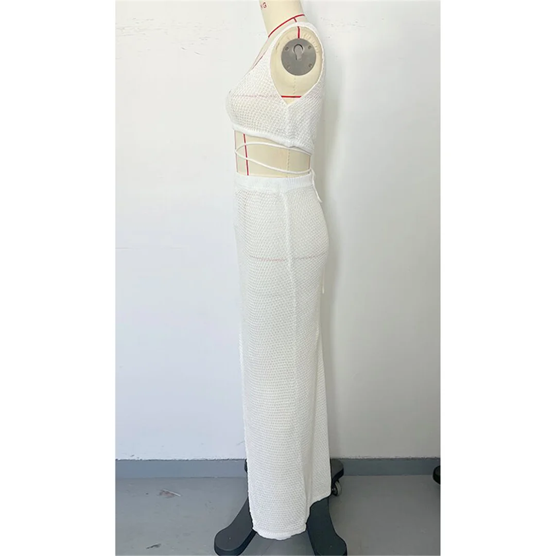 Sexy, hochgeschlitztes, ärmelloses, gehäkeltes, gestricktes Strandkleid, Strandtuch, Strandkleid, zweiteiliges Set, Strandmode V6124 – Detail 18