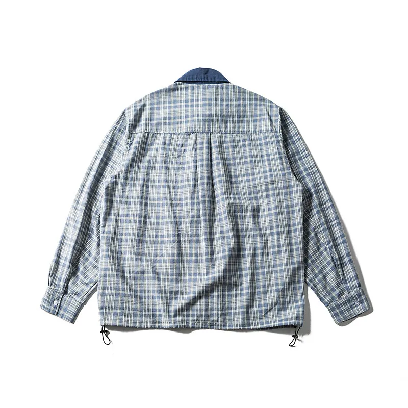 Men Streetwear Fashion Cityboy Loose Casual Long Sleeve Plaid Drawstring Zipper Cargo Shirt Campus Boys Blouses Shirts