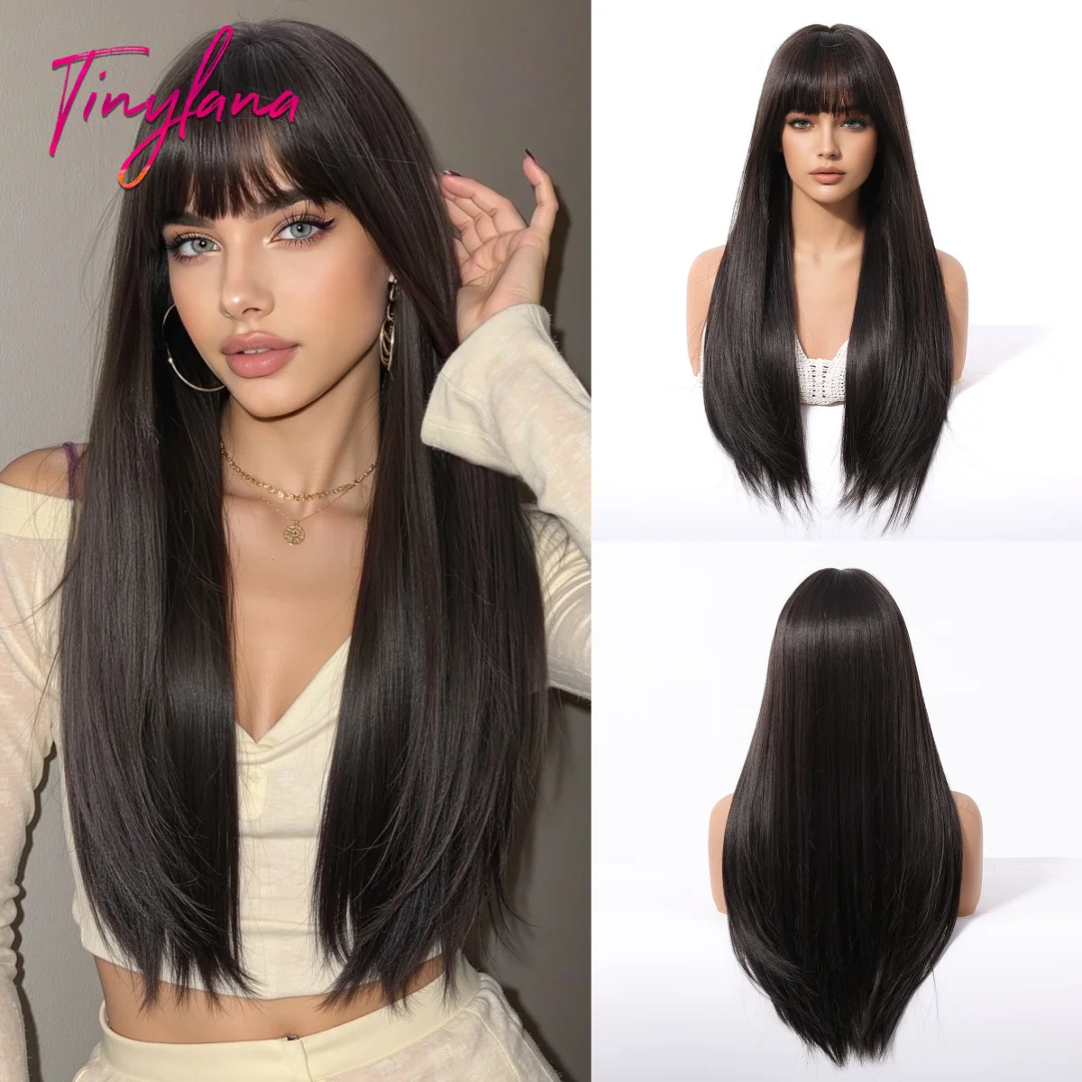 

Long Dark Brown Synthetic Wigs with Bangs Straight Natural Layered Cosplay Party Wigs for Women Daily Hair Heat Resistant Fiber