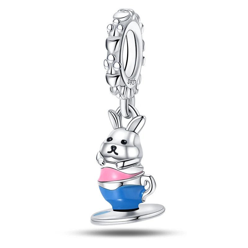 925 Sterling Silver Teacup Rabbit Charms Beads Zircon Dangle Fit 3mm Original Bracelet DIY Women Party Jewelry Gifts