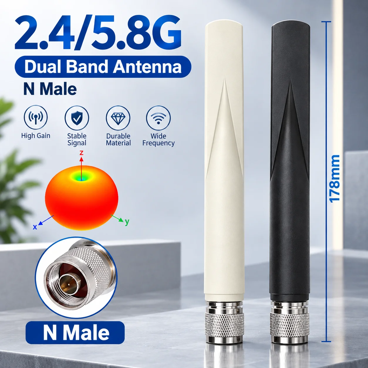 2.4G 5.8G Dual Band  WiFi Antenna N Male High Gain Omni Directional IP65 Waterproof Outdoor Antenna for Industrial Router AP CPE