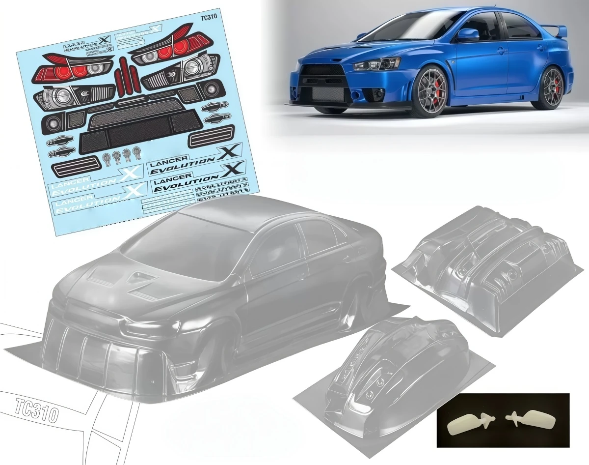 Carrosserie de drift transparente Lancer Evolution X Widebody 1/10, largeur 195 mm, avec supports de phares, aileron arrière et autocollants pour voiture de drift RC 1:10