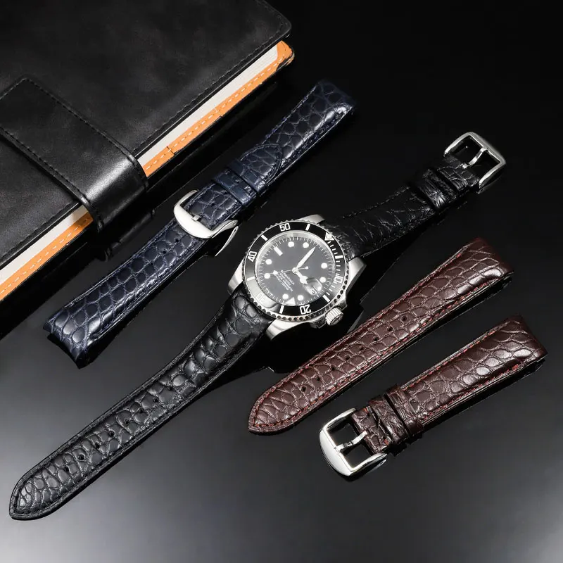 20mm 22mm Curved Crocodile Skin WatchBand For Rolex Omega Tissot IWC Seiko Watch Strap Men's Soft Genuine Leather Bracelet band
