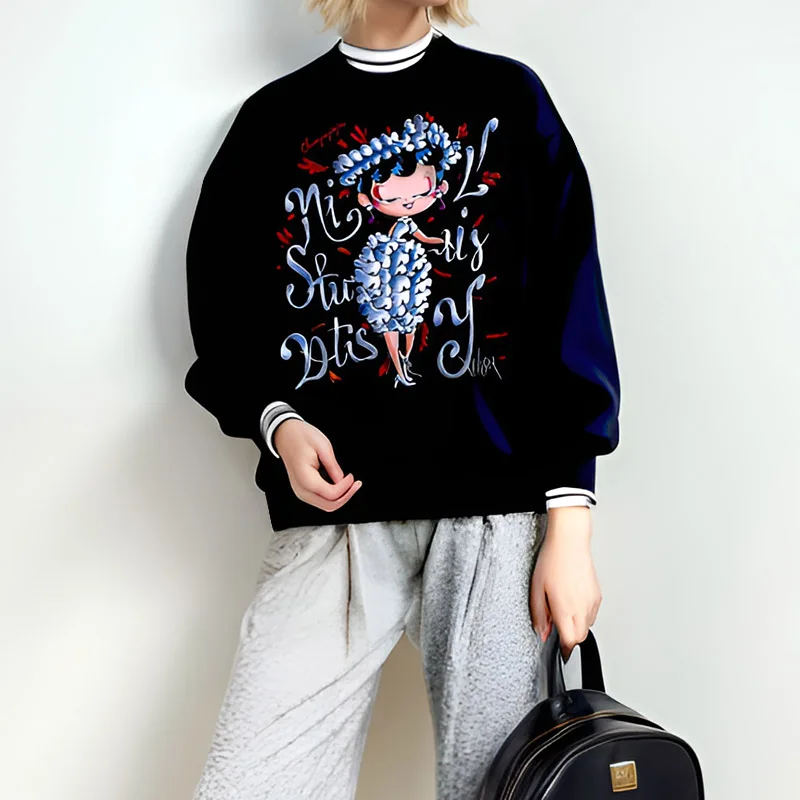 Chun yu yin jia Fashion High Quality Street Chic Designer Pattern 3D Printing Lovely Beauty Black Sweatshirts for Women