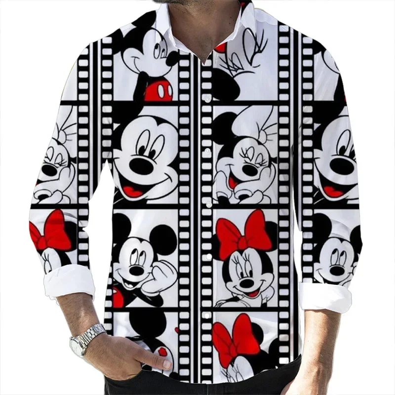 2023 Fall Hot Sale Disney Cartoon Mickey Stitch Casual 3D Printed Long Sleeve Lapel Shirt Mickey Stitch Branded Men\'s Tops