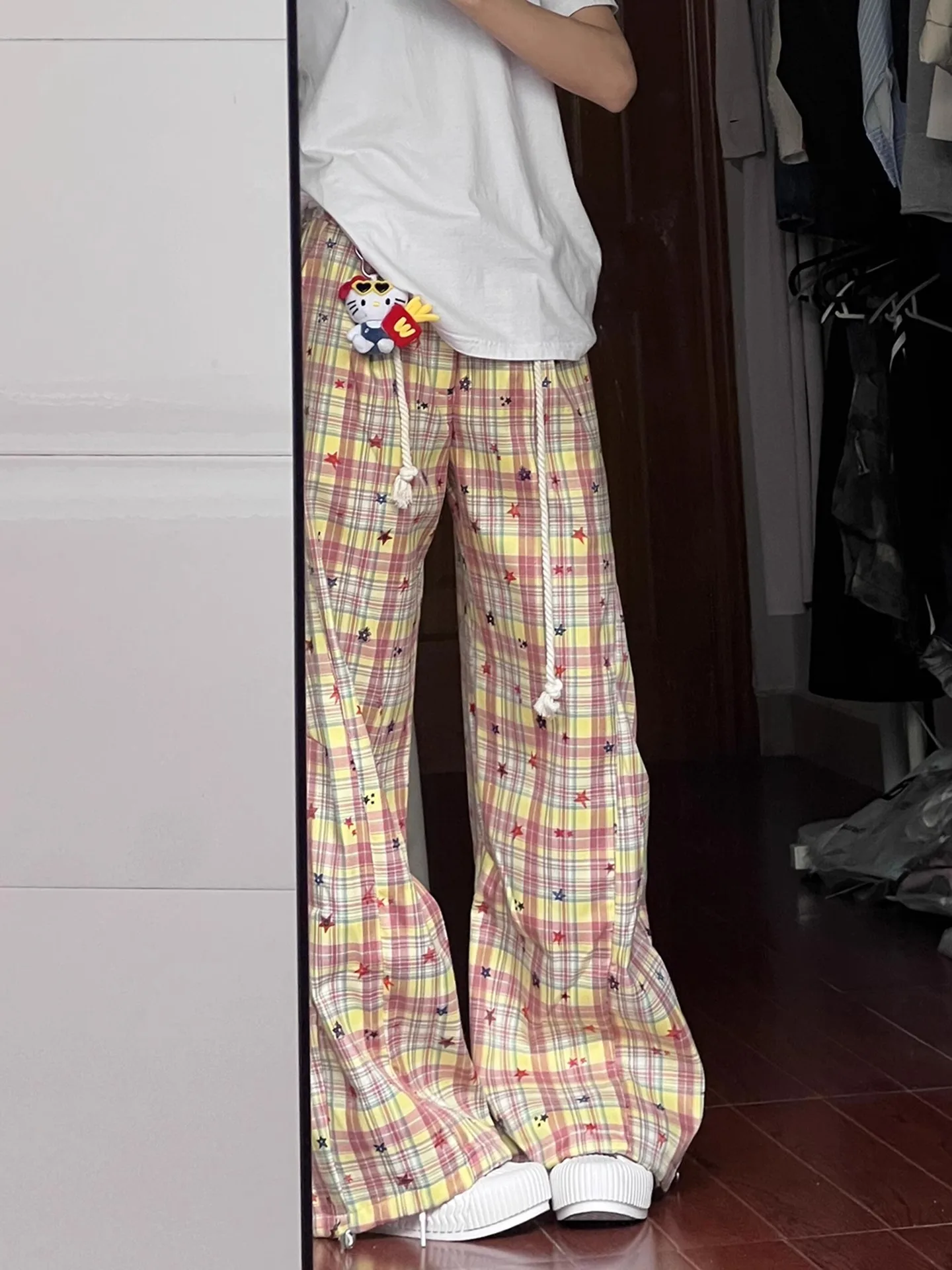 ドーパミン市松カジュアルパンツ女性夏怠惰な緩い気分ベンドナイフパンツルーズストレートワイドレッグパンツ