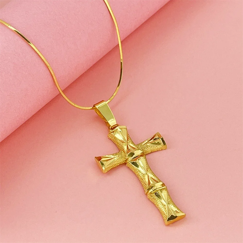 

Luxury 24K 9999 Pure Gold real gold Bamboo Cross Pendant Necklace