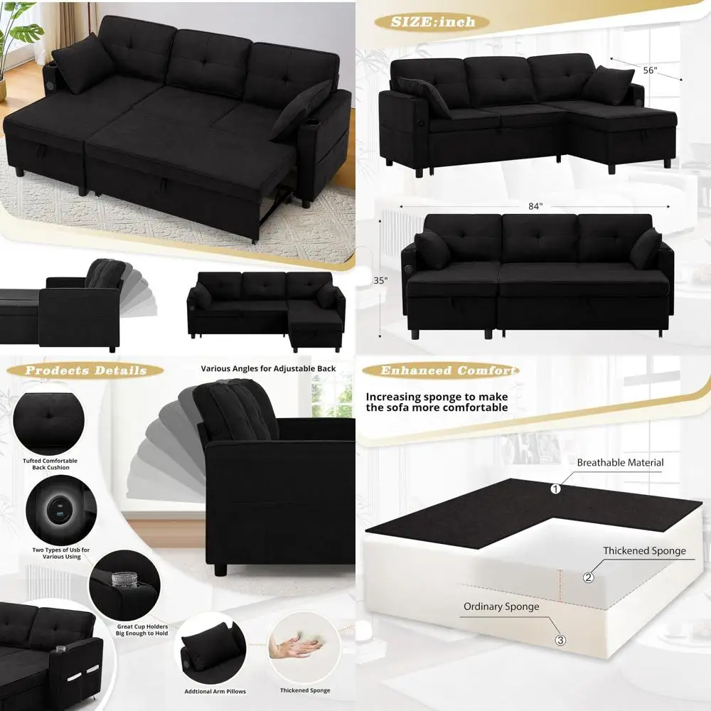 

Pull Out Sofa Bed Sectional with Adjustable Back, Tufted L-Shaped Couch, Storage Chaise, Sleeper Sectional Sofa, 84 Inches Fabri