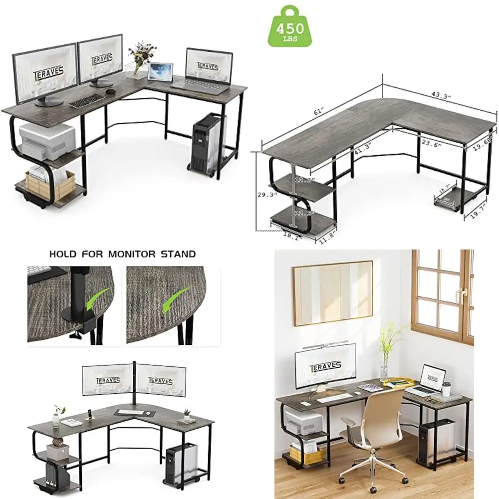 

Reversible L-Shaped Desk, 61 Large Corner Desk with Storage Shelves, Premium Office Computer Desk