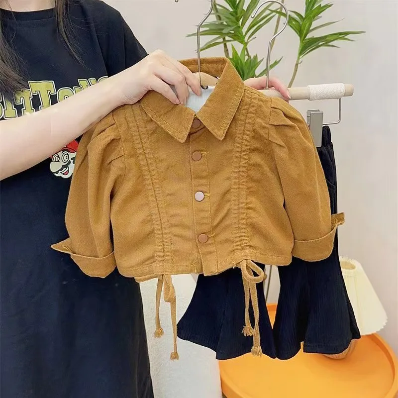 

Girls spring and autumn set little girl trend coat fashion light bell-bottom pants two-piece fashion children's autumn wear