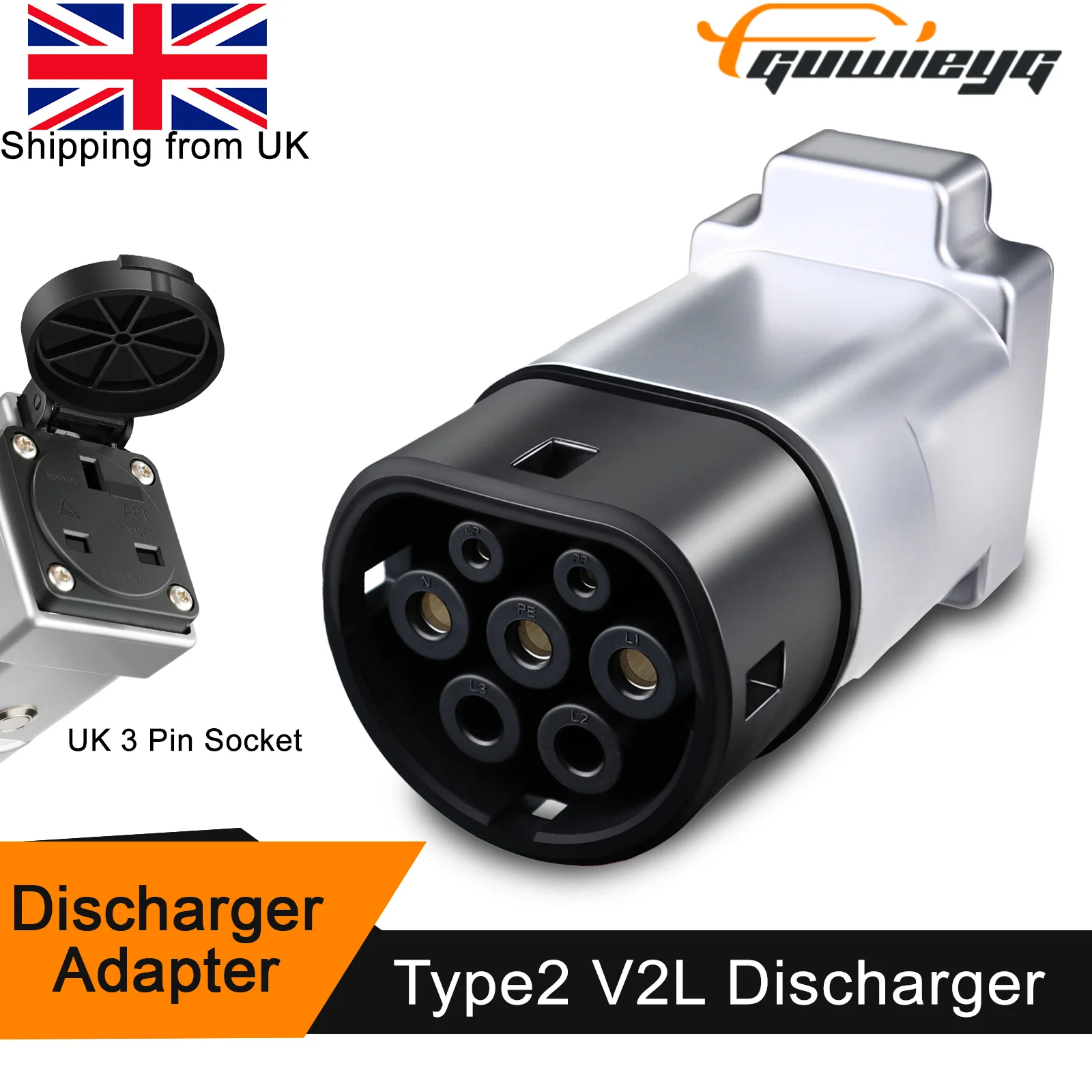 GUWIEYG V2L Discharger For Type2 Car Discharger EV Cable Adapter Support BYD MG4/5 SAMRT Vehicle to Load Type 2 UK 3Pin Socket
