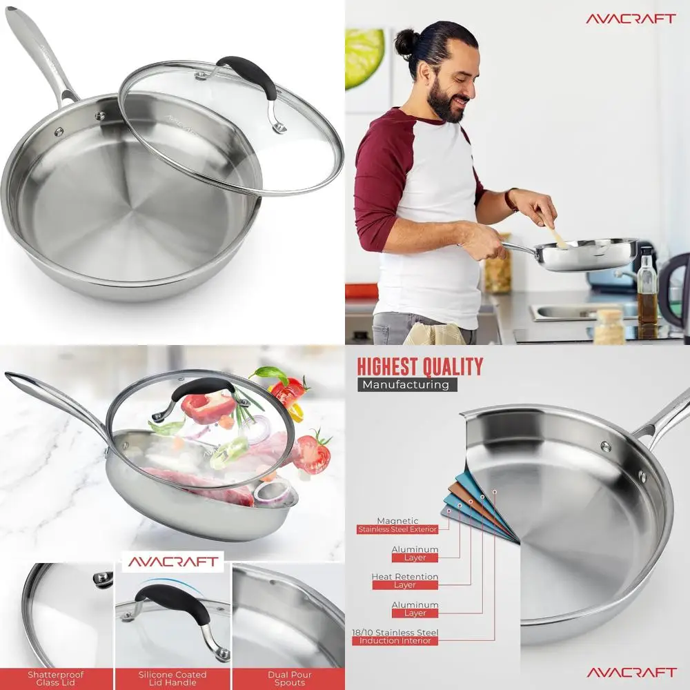 

10-дюймовая сковорода из нержавеющей стали с крышкой, индукционная совместима, универсальная сковорода для приготовления пищи, боковые носики для легкого наливания