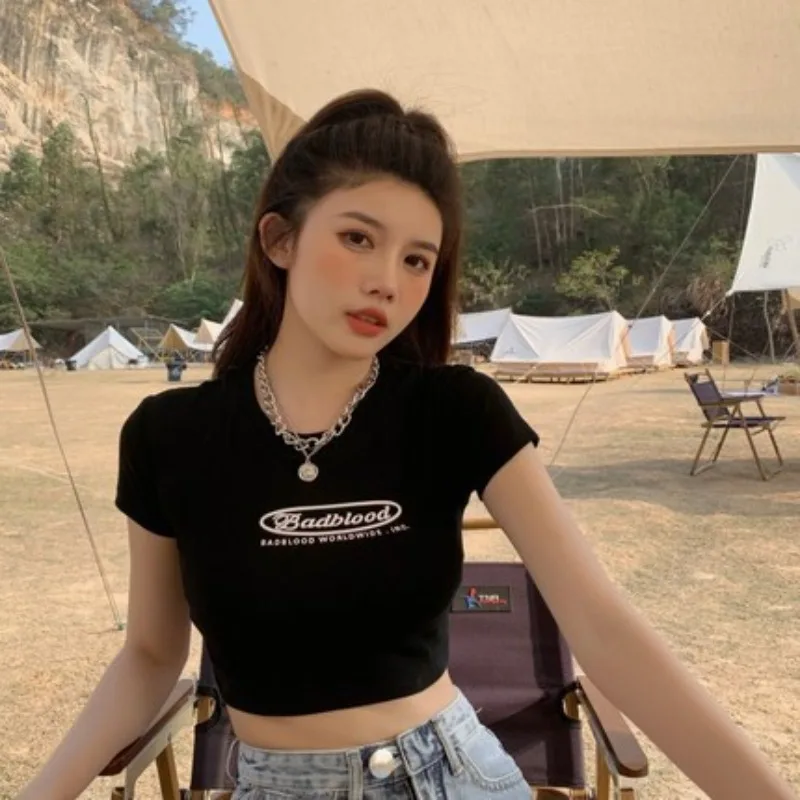 Women T-Shirt Lady Crew Neck Spring Summer Straight Shoulder Slim T-Shirt Girl Student Short Sleeve Printed Flattering T-Shirt