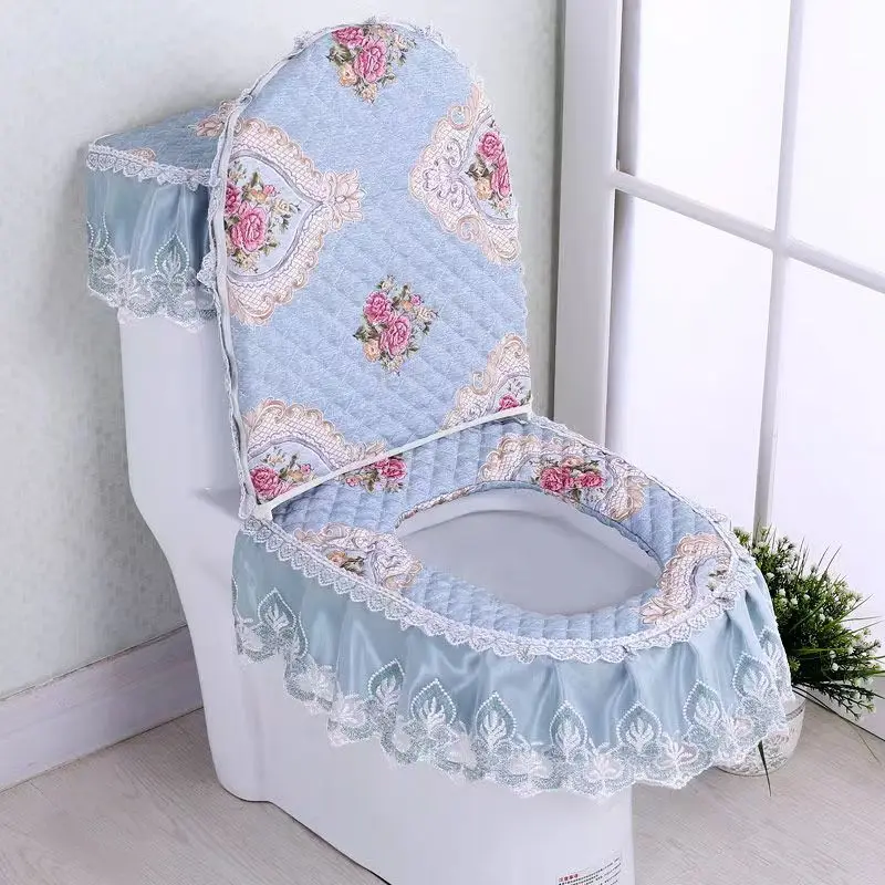 European Lace Toilet Seat Cushion 3Pc/Set Home Toilet Seat Cover Four Seasons Universal Polyester Washable Toilet Ring Pad